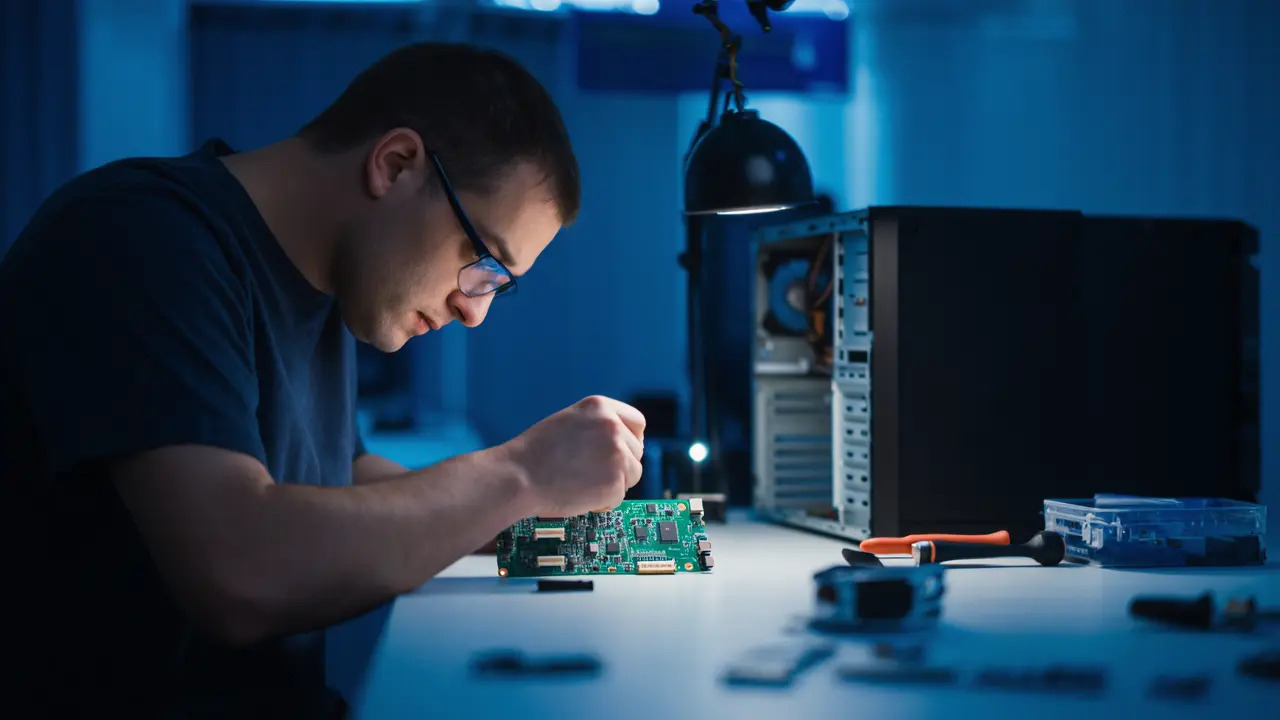 Técnicos especializados realizando manutenção de equipamentos informáticos
